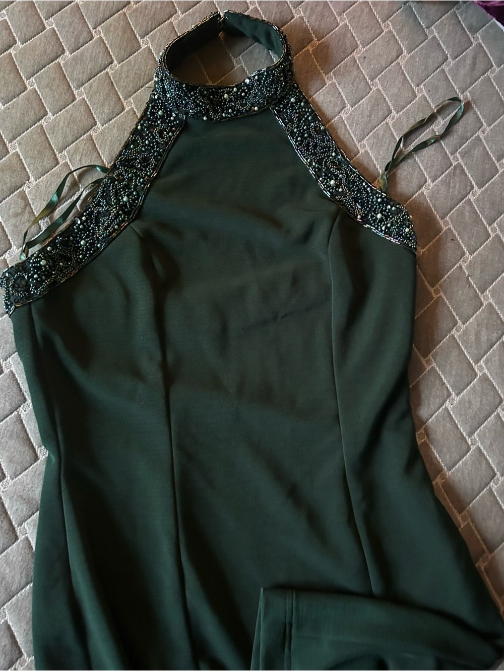 Cassandra Stone Beaded Halter Camisole Top in Dark Green